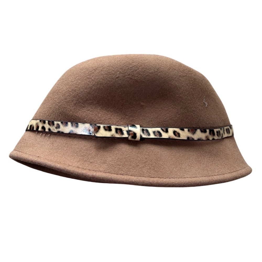 VTG Y2K Brown 100% Wool Cloche Hat Leopard Print Band Accent Flapper Retro Chic